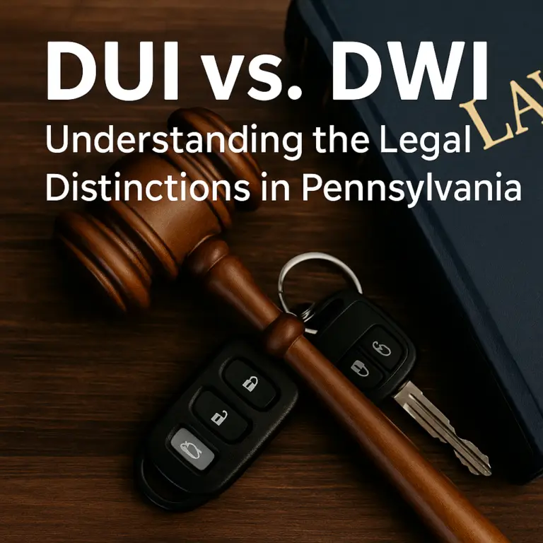 Gavel, car keys, and a law book representing DUI vs. DWI legal differences in Pennsylvania