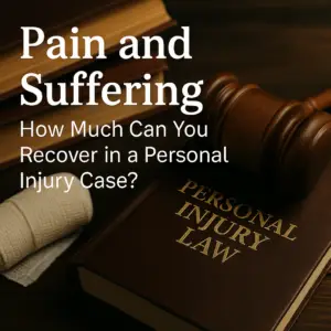 Gavel and injury claim documents on a lawyer’s desk with the text “Pain and Suffering: How Much Can You Recover in a Personal Injury Case?”