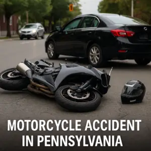 Motorcycle accident scene on a Pennsylvania road with emergency responders and a damaged bike