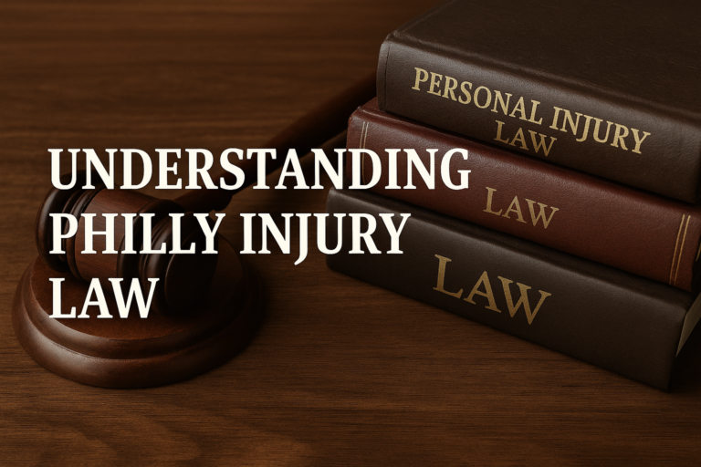 Law books on a wooden shelf with overlaid text: "Understanding Philly Injury Law"