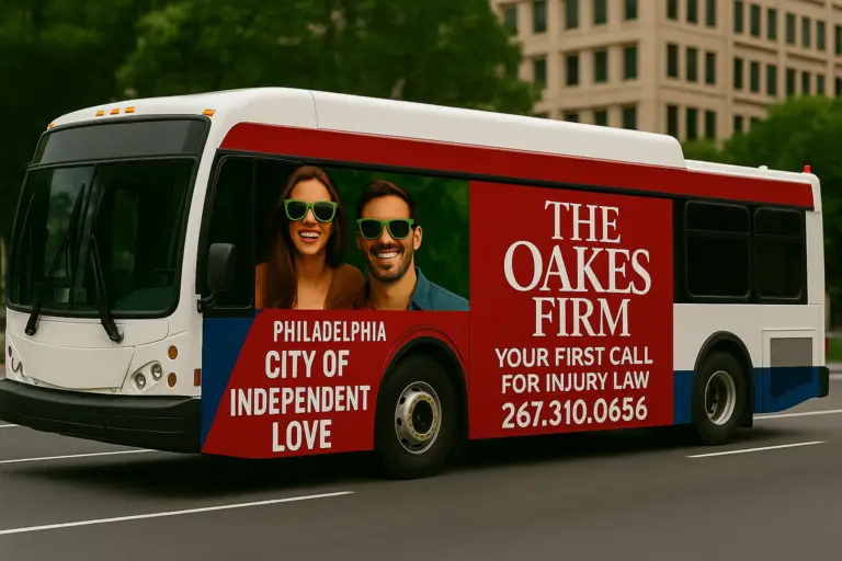 City bus in Philadelphia wrapped in an advertisement for The Oakes Firm, promoting injury law services