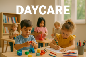 Children playing and learning in a well-lit Philadelphia daycare classroom