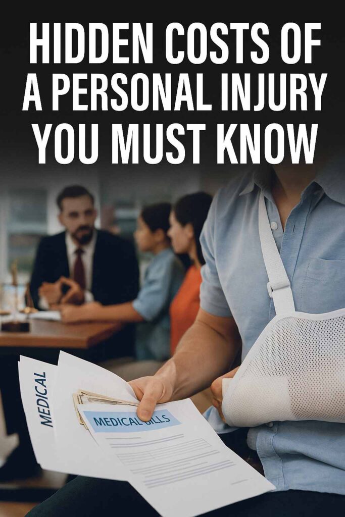 Injured man in a sling reviews medical bills with a lawyer, symbolizing hidden costs of personal injury in Philadelphia