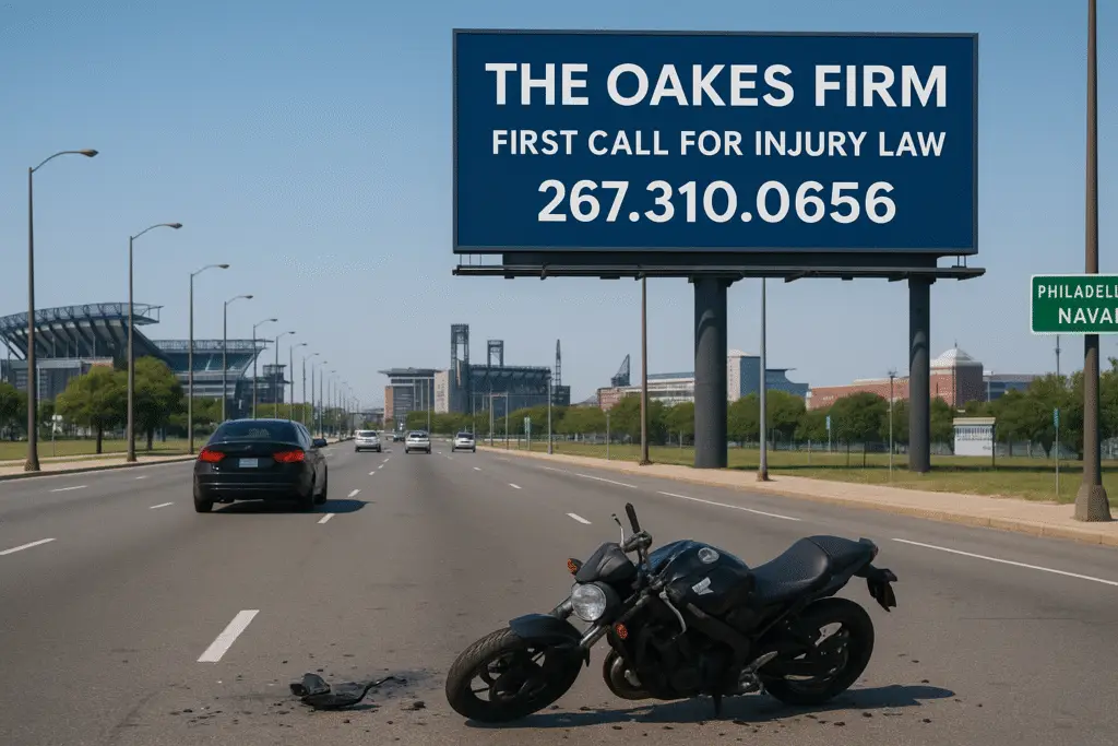 Motorcycle accident on South Broad Street near Philadelphia stadiums with The Oakes Firm injury law billboard in background