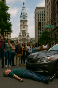 Pedestrian lying injured in front of a damaged car on Broad Street in Philadelphia with a crowd gathered nearby.