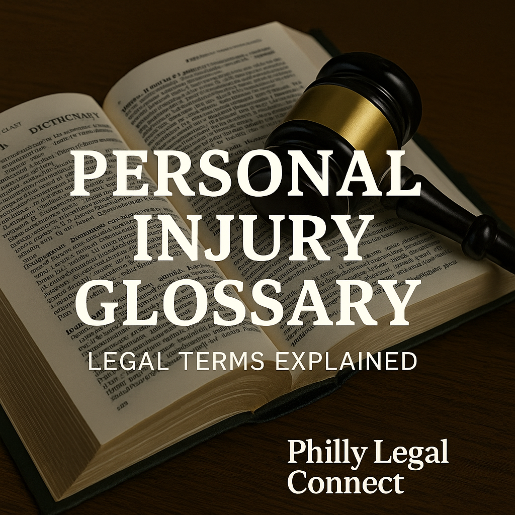 tack of law books labeled "Personal Injury Glossary" on a wooden desk.