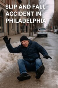 Slip and fall on icy sidewalk in Philadelphia winter