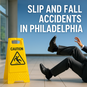 Person slipping on a wet floor inside a commercial building, illustrating a slip and fall accident scene related to premises liability in Philadelphia.