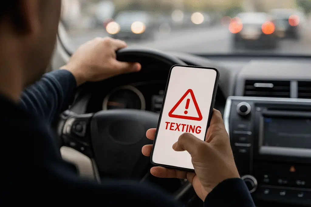 Person texting while driving in Philadelphia traffic.