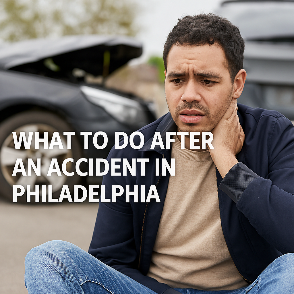 A concerned man stands near a damaged car in Philadelphia, appearing unsure of what to do after the accident.