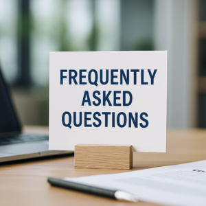 FAQ icon next to law book and gavel on desk — symbolizing personal injury legal questions answered for Philadelphia clients