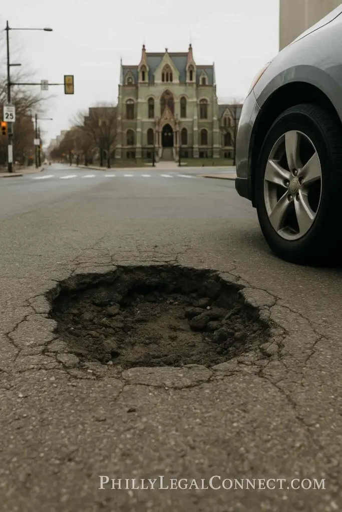 Pothole on Philadelphia street in front of historic building causing car hazard