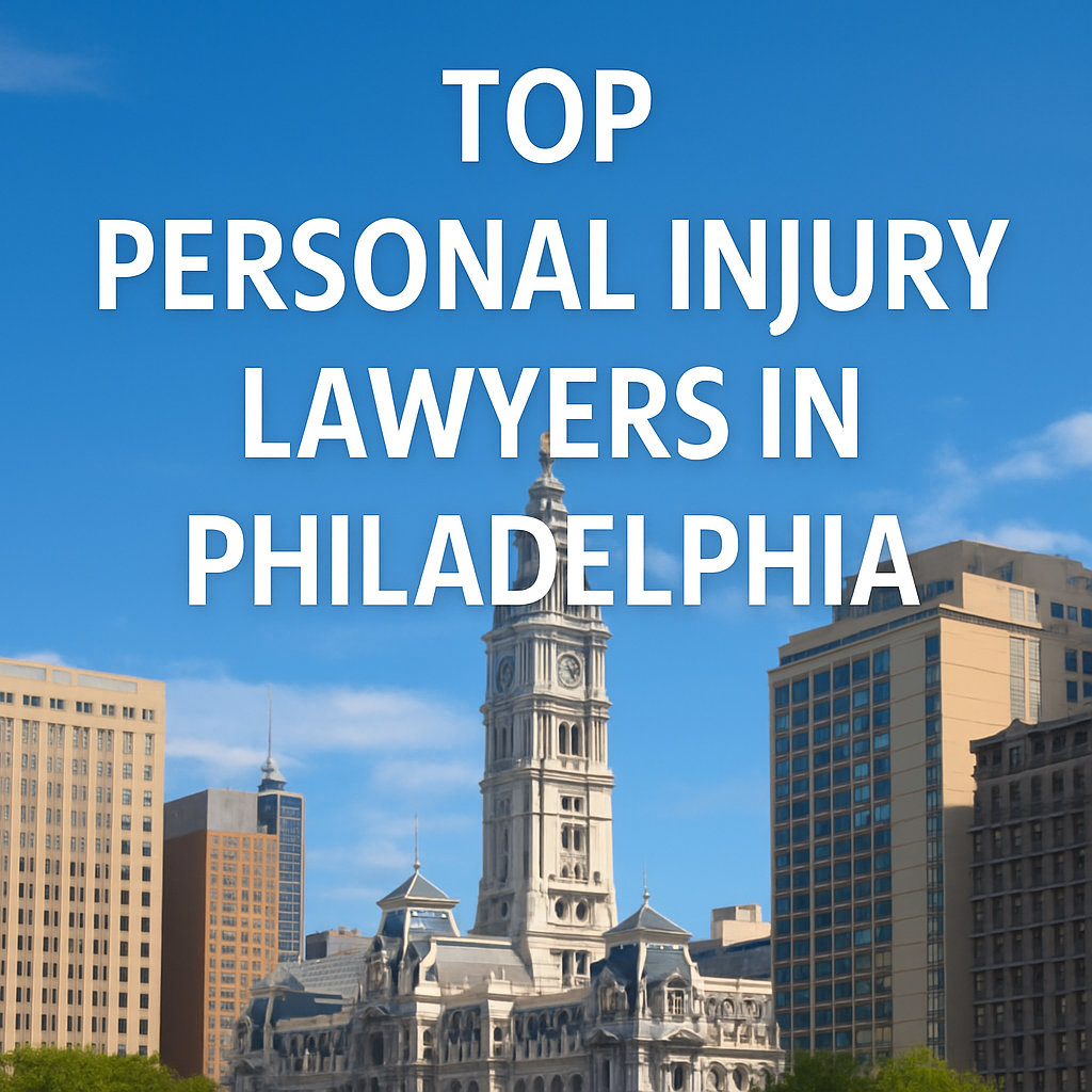 Philadelphia City Hall skyline with text overlay “Top Personal Injury Lawyers in Philadelphia” on a clear blue sky