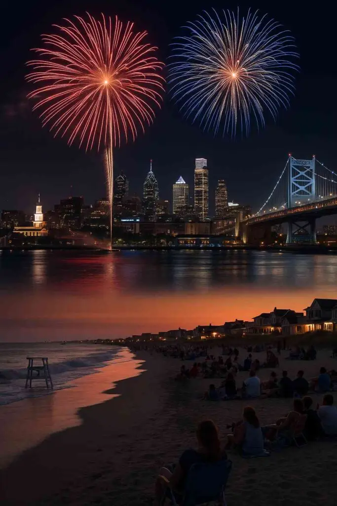 Fireworks display over Philadelphia skyline and Jersey Shore beach on July 4th