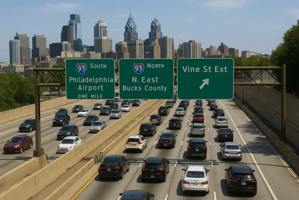 Traffic congestion on I-95 near the Vine Street Expressway in Philadelphia with signs to the Airport and Bucks County