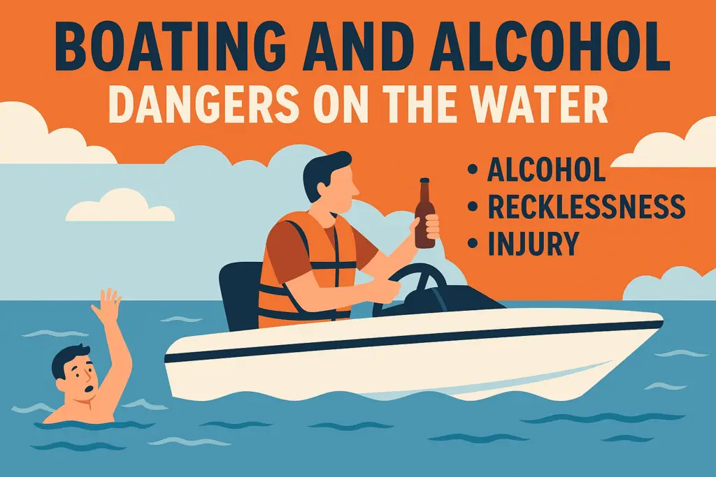 Man driving boat with beer bottle while swimmer raises hand, highlighting boating under the influence danger