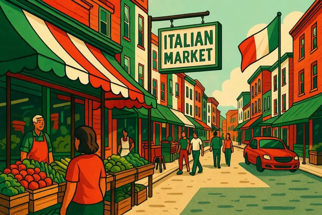 Colorful illustration of Philadelphia’s Italian Market with Italian flag colors, highlighting South Philly neighborhood streets and vendors