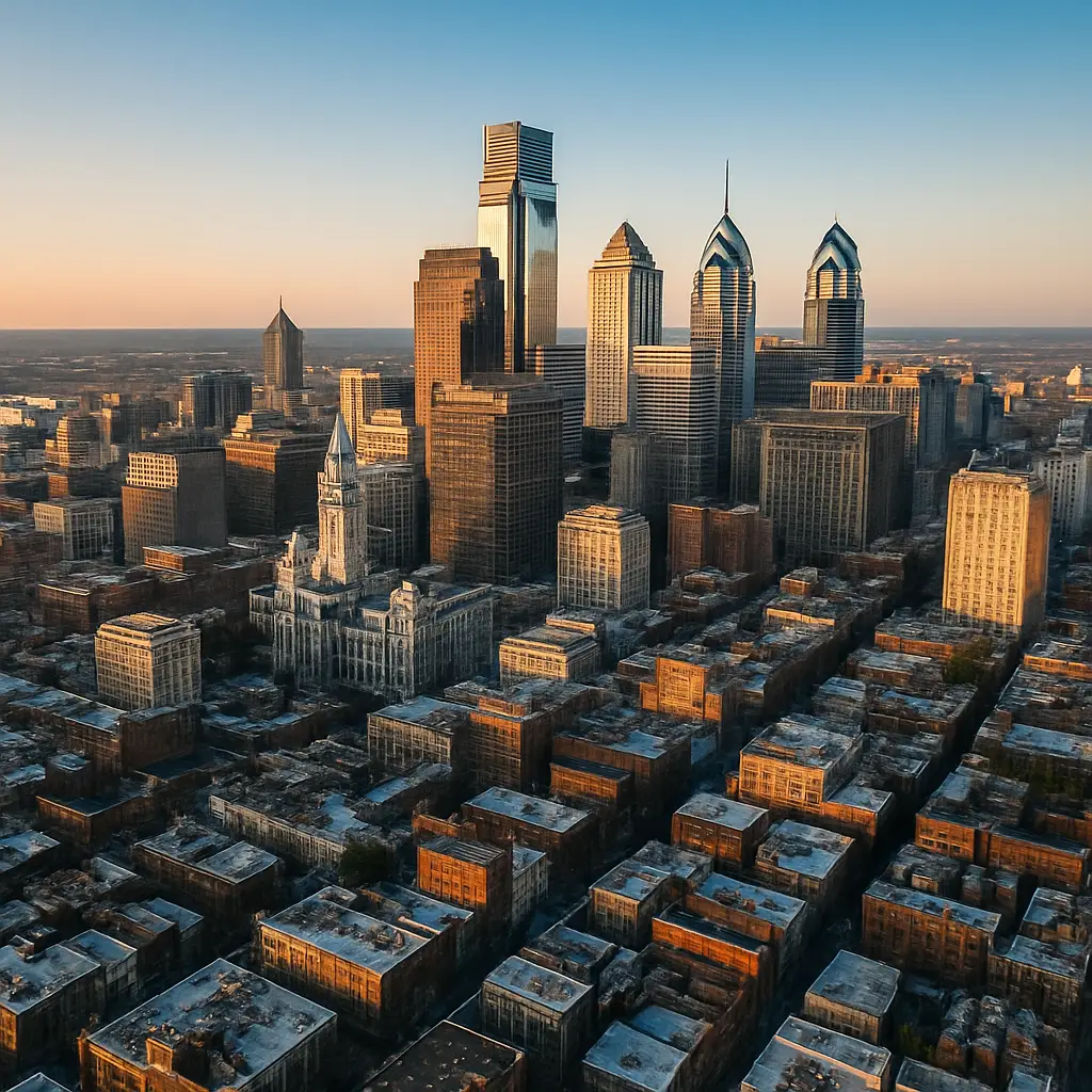 Aerial view of Philadelphia showing city streets and intersections.
