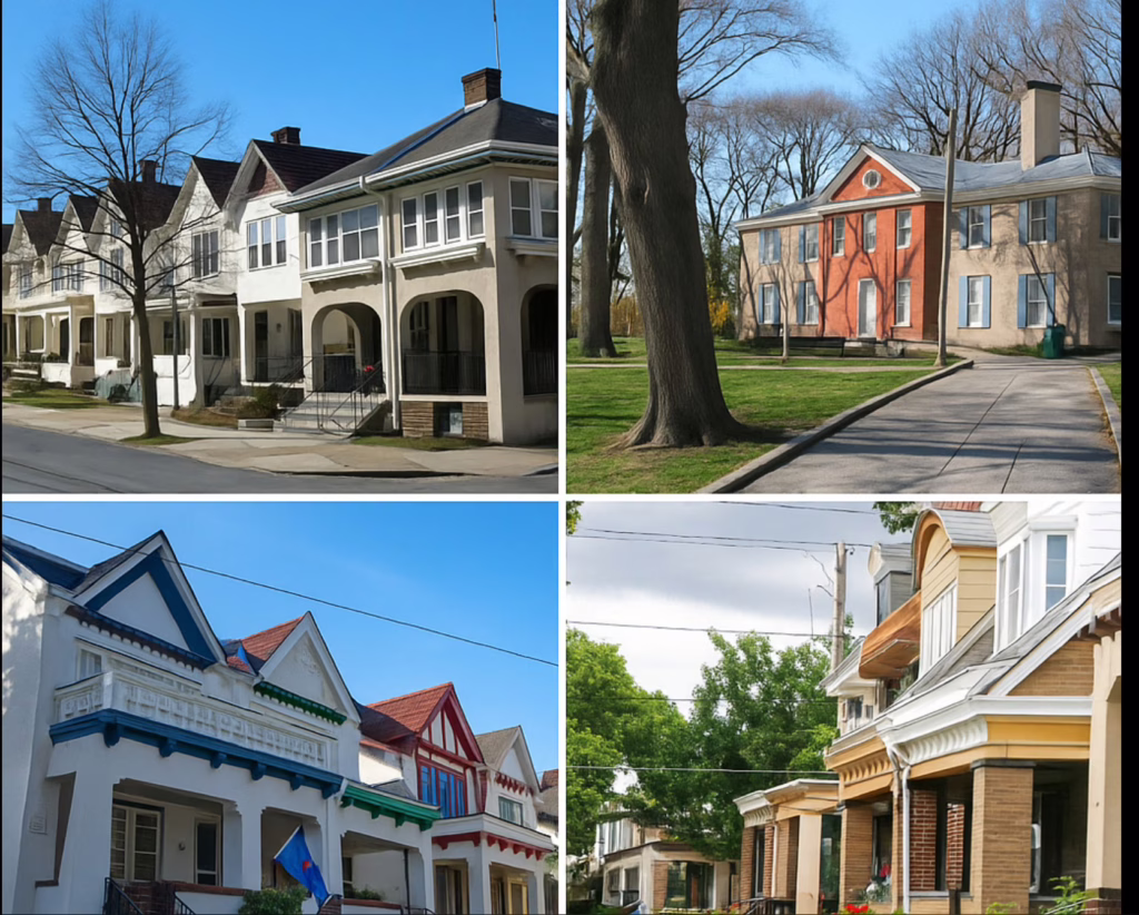 Girard Estate Philadelphia featuring tree-lined twin homes and Girard Park with the historic brick house at its center