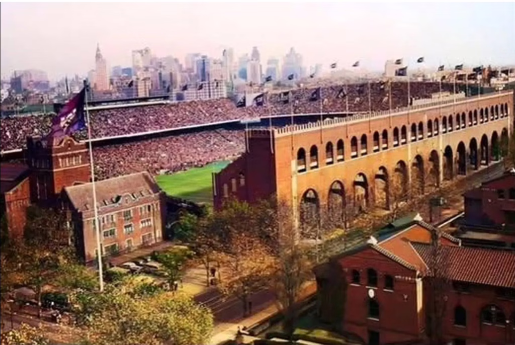 Historic photo of Franklin Field packed with Philadelphia Eagles fans with the Center City skyline in the background