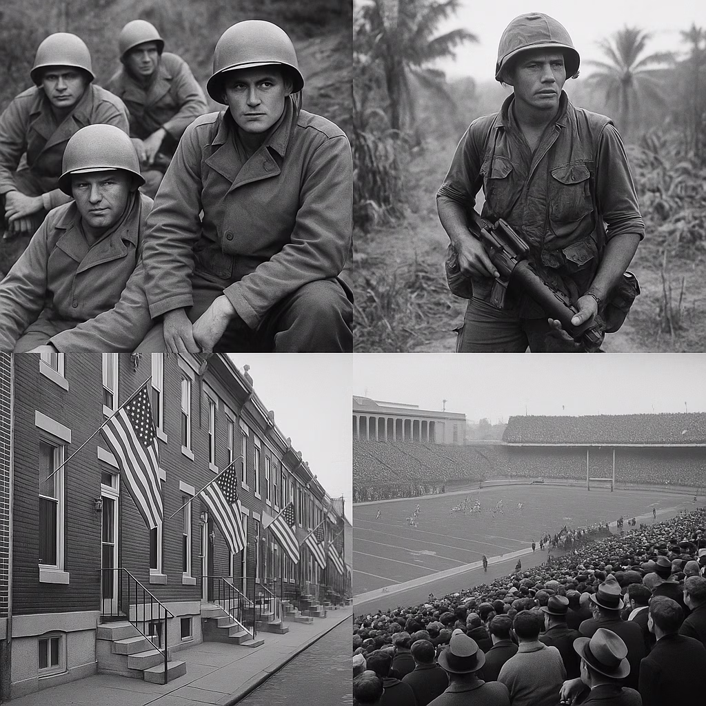 Collage showing World War II soldiers, Vietnam War veterans, South Philadelphia rowhomes with American flags, and a historic Army-Navy Game at JFK Stadium in Philadelphia.