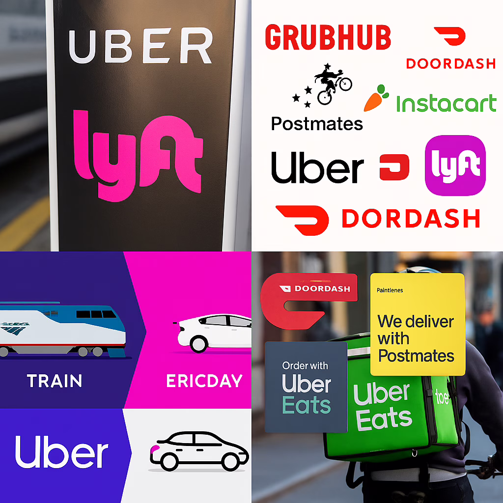 Collage showing Uber, Lyft, DoorDash, Grubhub, Uber Eats, delivery drivers, and train transit representing gig economy rideshare, delivery, and transit accidents in Philadelphia