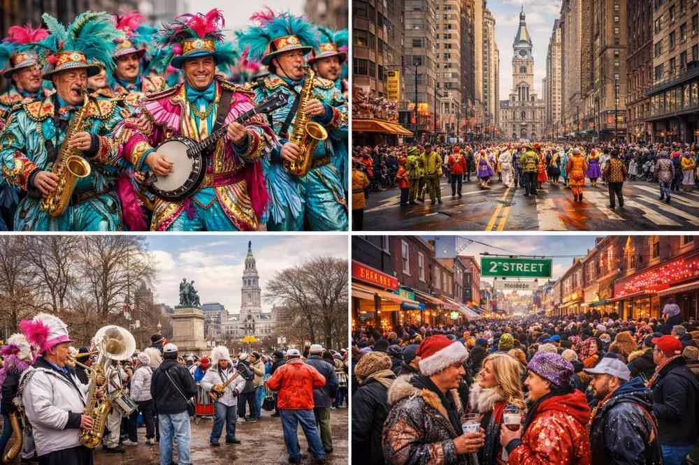 South Philadelphia Mummers Parade memories featuring string bands on Broad Street, Marconi Plaza rehearsals, and New Year’s Day crowds on Second Street