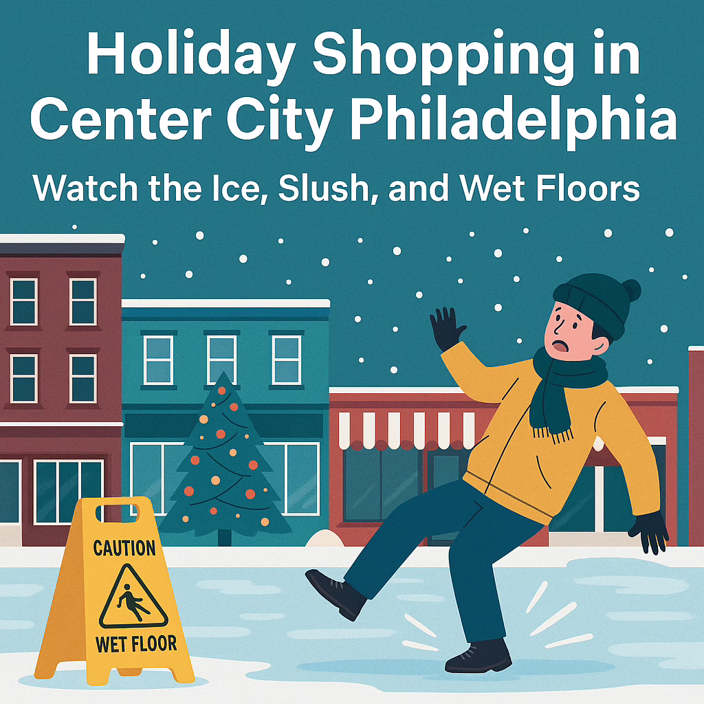 Holiday shopping in Center City Philadelphia with icy sidewalks and a slip-and-fall hazard warning sign.
