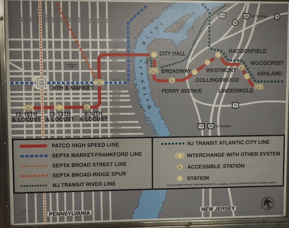 PATCO High Speed Line map showing Philadelphia and South Jersey stations including 8th and Market, City Hall, Collingswood, Westmont, and Lindenwold.