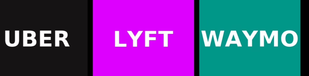 Graphic with Uber, Lyft, and Waymo logos side by side representing major rideshare and autonomous vehicle companies