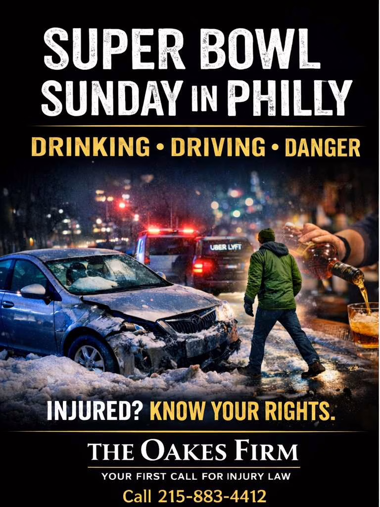 Super Bowl Sunday dangers in Philadelphia including drunk driving, pedestrian accidents, rideshare crashes, and icy winter roads