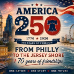 Featured image for America’s 250th Anniversary showing Philadelphia landmarks, the Jersey Shore, patriotic imagery, fireworks, and the headline “From Philly to the Jersey Shore – Friendships That Lasted a Lifetime.”
