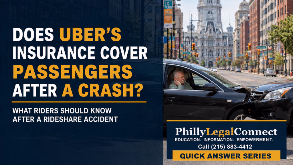 Older male Uber passenger holding his neck inside a car after a Philadelphia crash