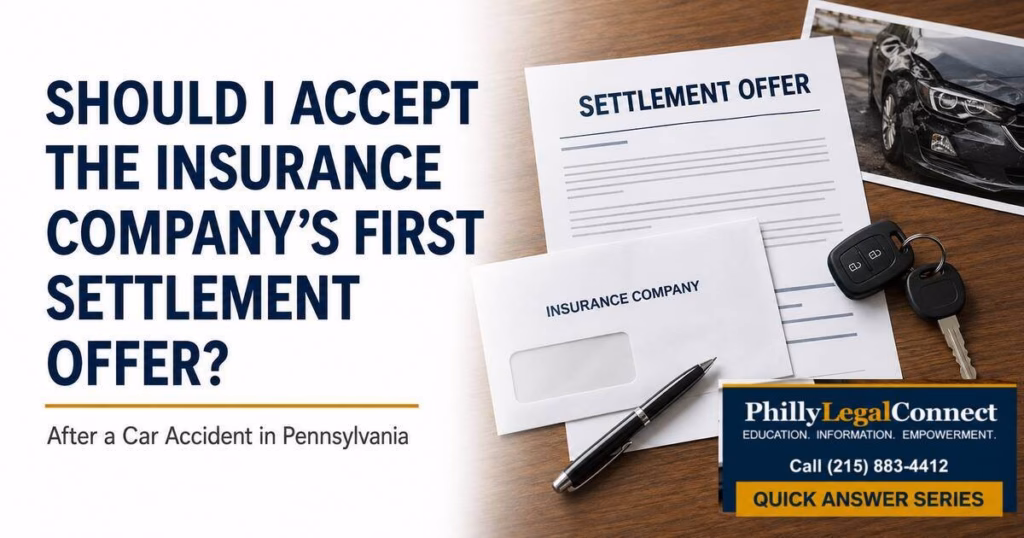 Insurance company’s first settlement offer after a Pennsylvania car accident, with a settlement letter and damaged vehicle.