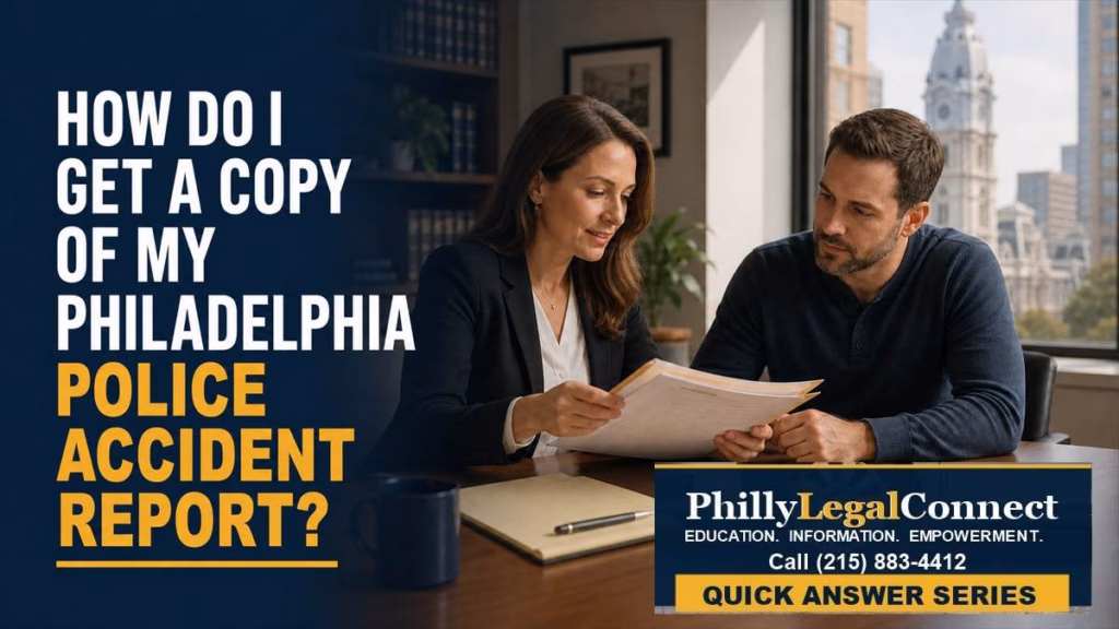 Lawyer and client review a Philadelphia police accident report with Philadelphia City Hall visible in the background.