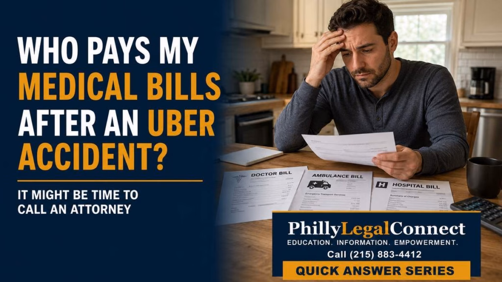 Injured Uber accident victim reviewing doctor, ambulance, and hospital bills at a kitchen table