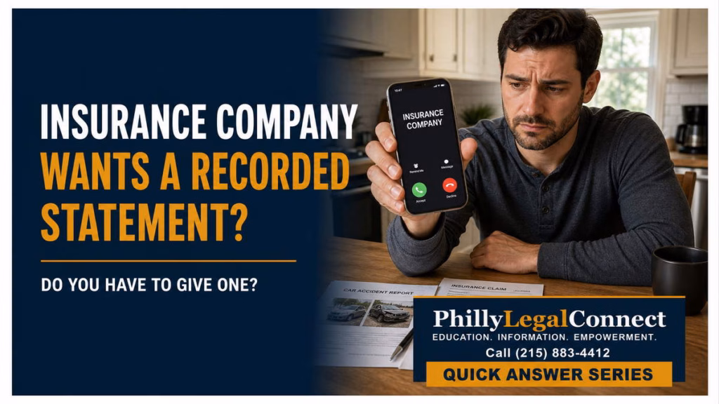 Concerned man holding a ringing phone displaying “Insurance Company” for a PhillyLegalConnect recorded statement Quick Answer.