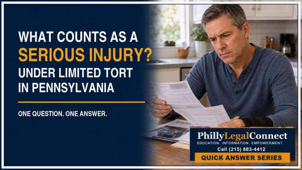 Man with a wrist brace reviewing accident medical records beside text about serious injury under Pennsylvania Limited Tort.