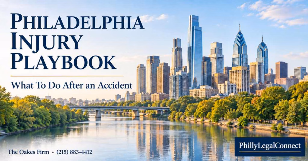 Philadelphia Injury Playbook: What To Do After an Accident, with an illustrated Philadelphia skyline and The Oakes Firm branding.