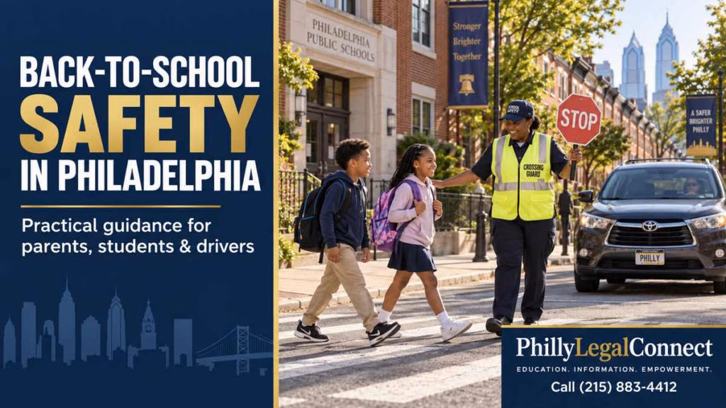 Illustration for back-to-school accidents in Philadelphia showing a crossing guard helping children cross near a school.