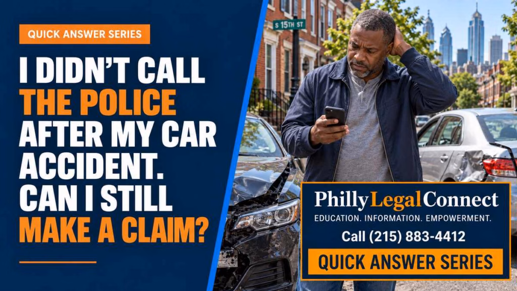 Concerned driver checks his phone beside two damaged cars after a Philadelphia accident when police were not called.