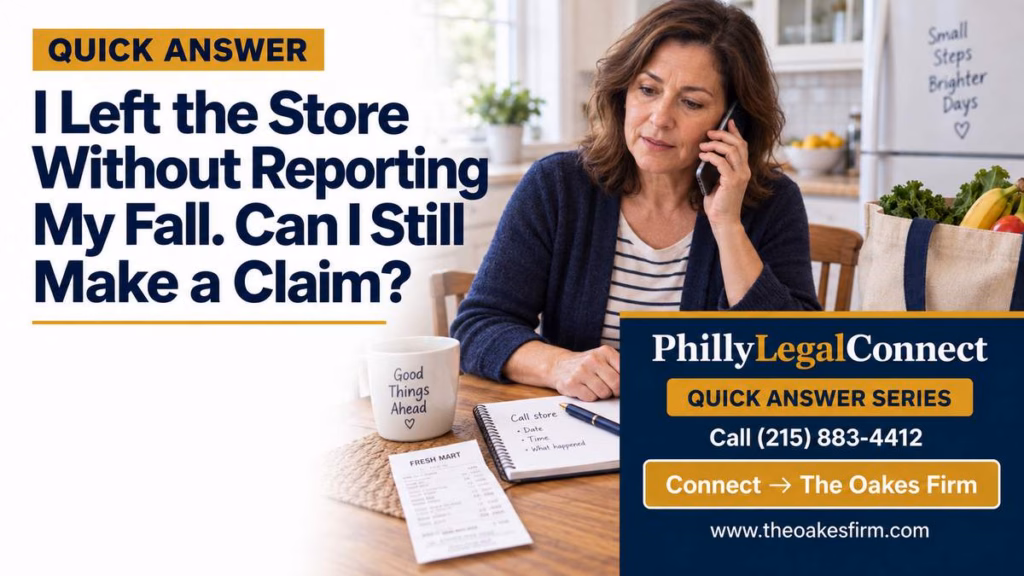 Shopper calling after she left the store without reporting a fall, with a receipt nearby and The Oakes Firm’s contact information.