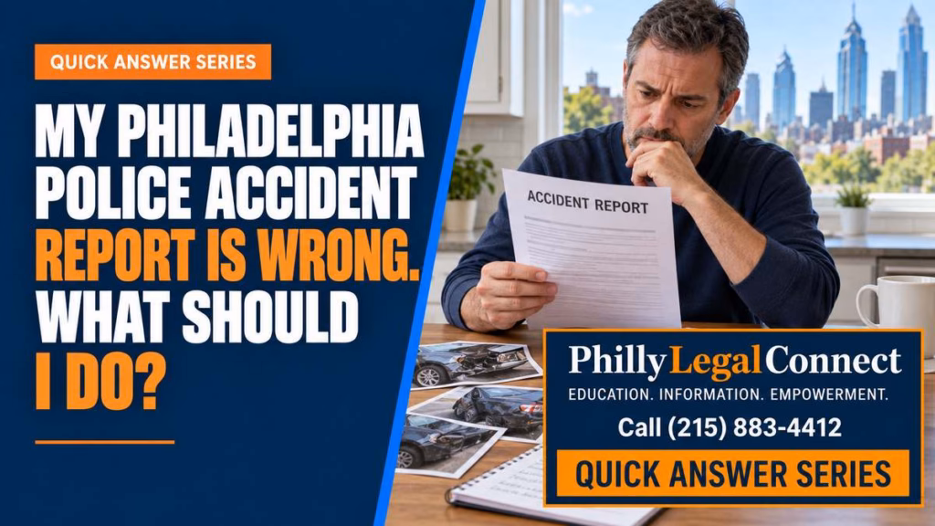 Man reviewing a crash report beside vehicle photos, with text asking what to do if a Philadelphia police accident report is wrong.
