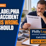 Man reviewing a crash report beside vehicle photos, with text asking what to do if a Philadelphia police accident report is wrong.