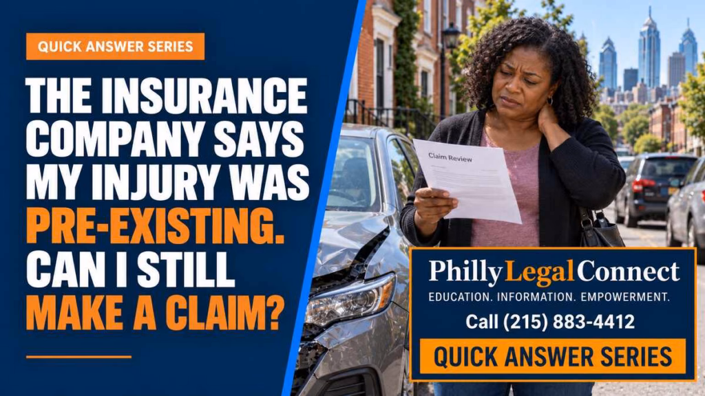 Woman with neck pain reviewing a pre-existing injury claim letter beside a damaged car in Philadelphia.