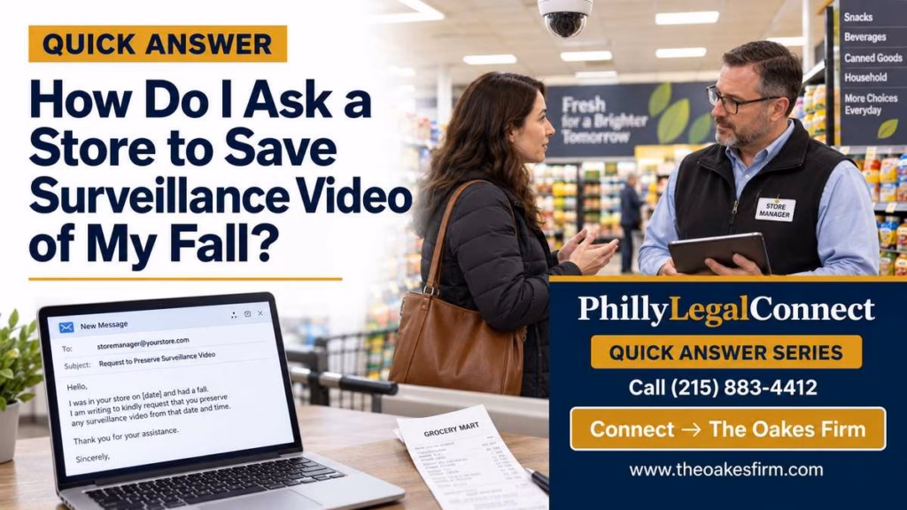 Shopper asking a store manager to save surveillance video after a fall, with a security camera overhead.