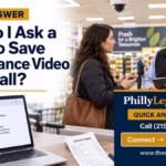 Shopper asking a store manager to save surveillance video after a fall, with a security camera overhead.