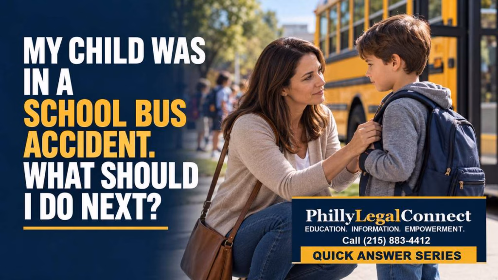 School bus accident guidance illustration showing a mother checking on her child beside a yellow bus, with PhillyLegalConnect branding.