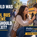 School bus accident guidance illustration showing a mother checking on her child beside a yellow bus, with PhillyLegalConnect branding.