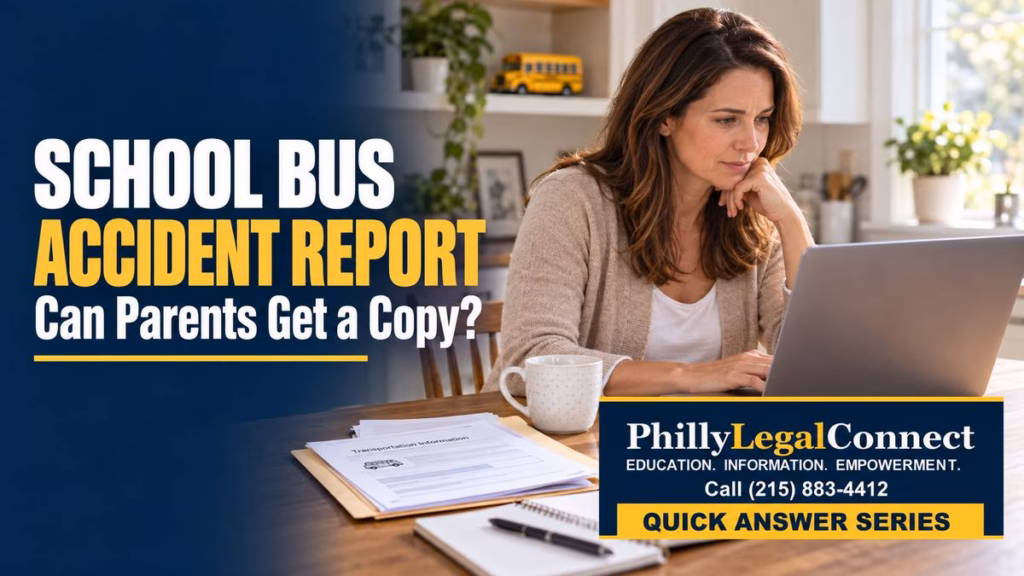 Parent preparing a school bus accident report request on a laptop beside transportation paperwork, with a toy school bus in the background.
